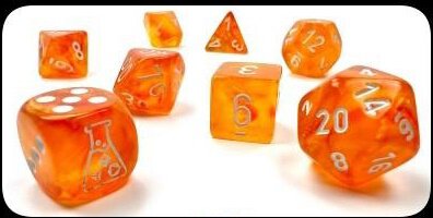 Borealis Polyhedral Blood Orange/white Luminary 7-Die Set (with bonus die)