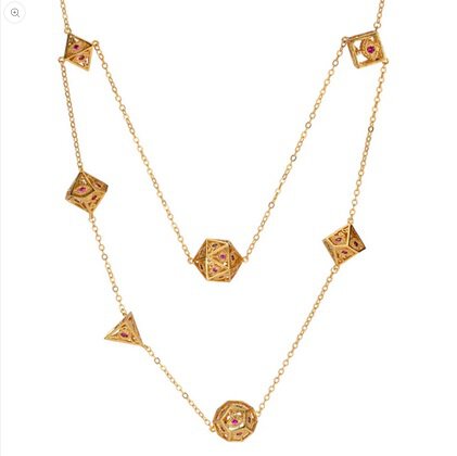 Dragons Eye 7 Die Necklace Gold with Red Gems