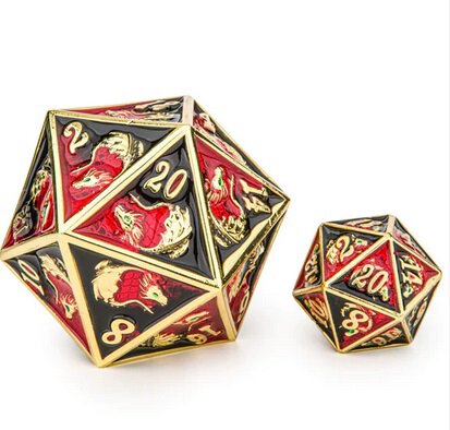 Solid Metal Dragon Chonk D20 Gold with Red & Black (45mm)