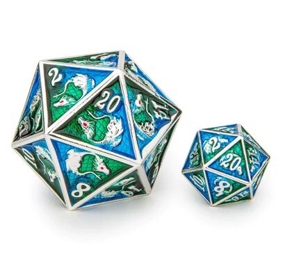 Solid Metal Dragon Chonk D20 Silver with Green & Blue (45mm)