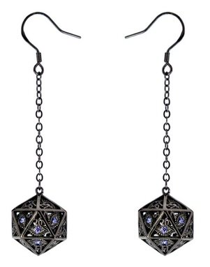 Dragons Eye D20 Earrings Gunmetal with Purple Gems