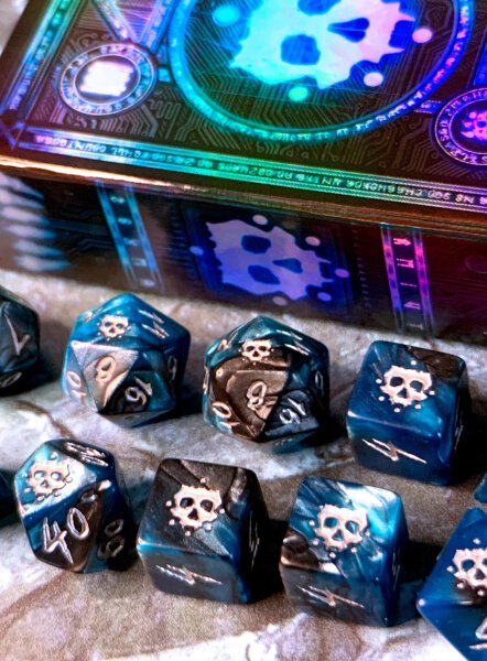 Elder Dice Vast Grimm Silver Ink on Cyan & Black
